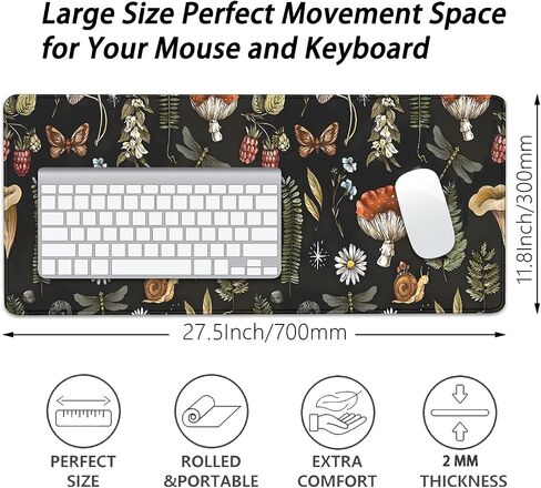 Plant Mushroom Desk Pad Mouse Pad,Large Black Aesthetic Mouse Mat with Stitched Edges,Non-Slip Rubber Base Mousepad for Office PC Keyboard Laptop and Home Work Desk Mat(27.5X11.8 in) in Kuwait