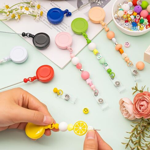 Beaded DIY Badge Reel Kit 9pcs Beadable Retractable Badge Reels Clips for Beads Blank Bar ID Name Badge Holder with Belt DIY Present for Nurse Teacher Office Worker in Saudi Arabia