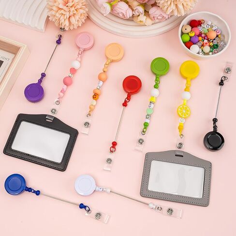 Beaded DIY Badge Reel Kit 9pcs Beadable Retractable Badge Reels Clips for Beads Blank Bar ID Name Badge Holder with Belt DIY Present for Nurse Teacher Office Worker in Saudi Arabia