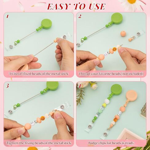 Beaded DIY Badge Reel Kit 9pcs Beadable Retractable Badge Reels Clips for Beads Blank Bar ID Name Badge Holder with Belt DIY Present for Nurse Teacher Office Worker in Saudi Arabia