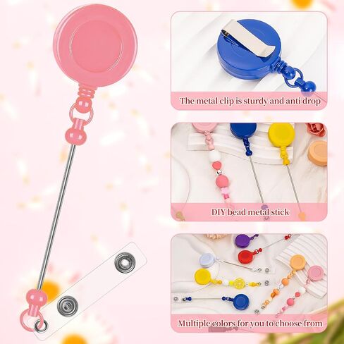 Beaded DIY Badge Reel Kit 9pcs Beadable Retractable Badge Reels Clips for Beads Blank Bar ID Name Badge Holder with Belt DIY Present for Nurse Teacher Office Worker in Saudi Arabia