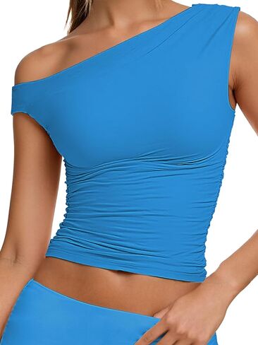 Sunzel Women's Off Shoulder Sleeveless Crop Top, Y2K Trendy Going Out Tank Shirt, Asymmetrical Neckline & Ruched Detail in Kuwait