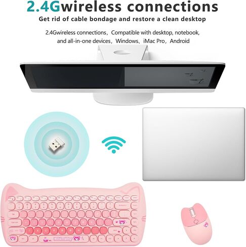 Cute Cat 2.4G USB Wireless Keyboard and Mouse Combo, Typewriter Flexible Keys, Candy Colors, Compatible with Notebook, PC (Purple -A) in Kuwait