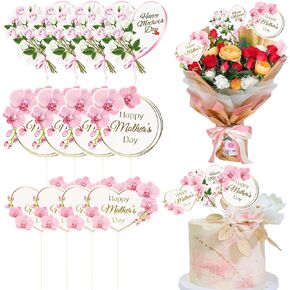 Gyufise 12pcs Happy Mother's Cake Cake Topcake Decorations Pink Flower Flower Mother's Cupcake Topcake Topcake Decoration for Mom's Birthday Party Supplies Mix Mix Size