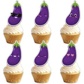 18pcs Purple Glitter Cute Eggplant Dessert Cupcake Topper Funny Vegetable Theme Decor Supplies Baby Shower Boys Girls Happy Birthday Party Decorations
