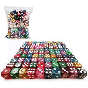 Bescon A Lot of Glitter 16MM D6 Set 100pcs, Assorted Colored Glitter Dice Set 100pcs