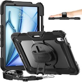 timecity for iPad Air 11 Inch M2 Case 2024 6th Gen, 360° Rotating Stand, Pencil Holder & Wireless Charging, Shockproof with Screen Protector & Shoulder Strap - for Designers & Professionals, Black
