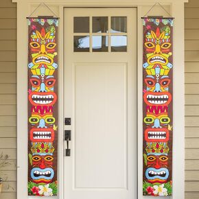 ArtCreativity Hawaiian Luau Party Decorations - مجموعة من لافتات 2 - 6 × 1 قدم - زينة الحفلات الاستوائية مع وجوه تيكي ملونة - ديكور حفلة عيد ميلاد Luau Tiki للداخل والخارجية