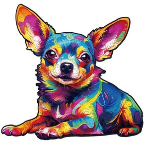 Jigfoxy Wooden Puzzles for Adults, Colorful Chihuahua Dog Wood Puzzles Adult, Unique Animal Shape Wooden Jigsaw Puzzles for Adults, Birthday Gifts for Puzzle Lovers, Family (S-8.5 * 8in-100pcs)