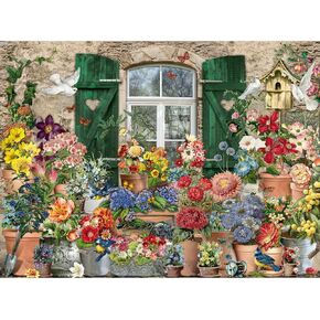 Bits and Pieces – 1000 Piece Jigsaw Puzzle for Adults – Flowers Outside - Collage Flower Window Bird House Spring Butterfly Cottage Jigsaw Puzzle by Artist Barbara Behr