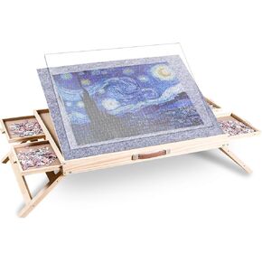 1500 Piece Jigsaw Puzzle Table with Drawers - 34" X 25" - Wooden Puzzle Table with Cover | 3-Tilting-Angle Adjustable & 4 Drawers - Portable and Felted Anti-Slip Surface