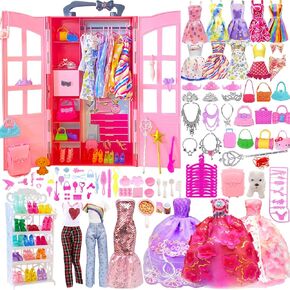 165 PCS Doll Closet مع 22 مجموعة ملابس و 142 PCS Beauty & DIY ملحقات DIY لـ 11.5 بوصة تخزين دمى Girls بما في ذلك حقيبة ظهر أحذية Wardrobe Shood Shoes Netlace وغيرها (لا دمية)