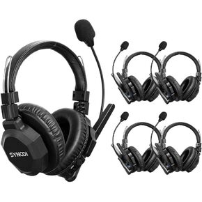 SYNCO Xtalk XMax5 Full-Duplex Wireless Intercom System with 5 Double-Ear Headsets (2.4 GHz) Random Master Device Design for Team Communication,Movie Shoot,Live Show Stage Performance (5PCS)