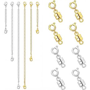 Necklace Extender and Magnetic Necklace Clasp,14Pcs Magnetic Jewelry Clasps for Necklace Extender and Layering,Multiple Sizes Gold and Sliver Chain Extension for Jewelry Repair Kit