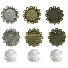 30pcs 25mm Brooch Cabochon Set: 15pcs Flower Shape Cabochon Frame Setting Tray Brooch with 15pcs Glass Dome for DIY Jewelry Making Jewelry Making DIY Findings (3 Color Mixed)