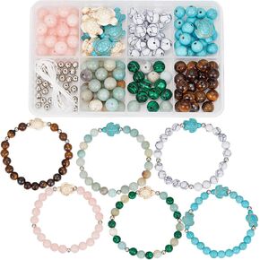 Sunnyclue 1 Box DIY 6 مجموعات أوشن موضوع سوار وصنع مجموعة الصيف هاواي البحر السلحفاة الحجر الحجر محظوظات حبة الفيروز الطبيعية نمر العين زهرة الأمازونيت الأحجار الكريمة لمجوهرات صنع مجموعات