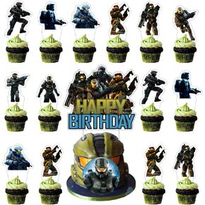 25pcs Master Chief Decortations مع 1pcs cake topper ، 24pcs cupcake toppers for game symered supplies