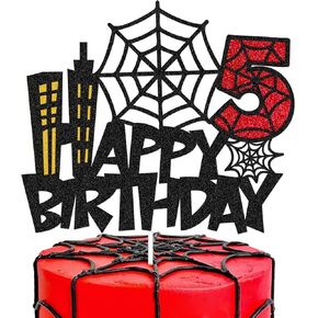 كعكة عيد الميلاد الخامسة توبيبر كاريكاتير فيلم Happy 5S عيد ميلاد الديكورات كعكة للرجال صبي الأطفال Bday Party Supplies Double Glitter Black Décor