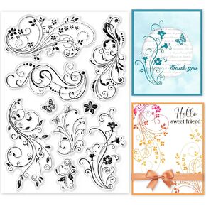 GLOBLELAND Flower Lace Clear Stamps Butterfly Border Corner Silicone Clear Stamp Seals for Cards Making DIY Scrapbooking Photo Journal Album Decoration, 21x14.8cm