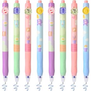 8 Pcs Cute Erasable Gel Pens, Blue Ink Pens with Erasers, Retractable Pen Set, Smooth Writing, Make Mistakes Disappear, 0.5mm Fine Tip Pens for School Office Supplies (Multicolor)
