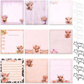 9 Pcs Highland Cow Sticky Notes Set,Cute Cartoon Animal Sticky Notes with 10 Pcs Cow Paper Clip,3x3 Inches Notes Adhesive Memo Pad for Students School Office Meeting