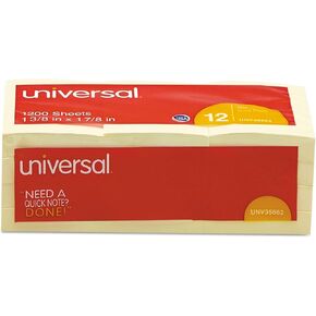 Universal 35662 Standard Self-Stick Notes, 1 3/8 x 1 7/8, Yellow, 12 100-Sheet/Pack