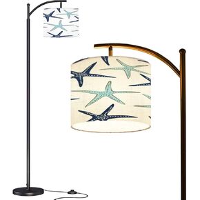 Arc Floor Lamp Coastal nautical starfish repeat pattern Navy blue turquoise white Modern Tall Standing Lamp Dimmable with Remote Adjustable Drum Shade Footswitch for Living Room Bedroom Office