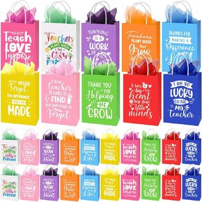 SkyyGemm 50 Pack Pack Pack Pretch President Facs with Tissue Paper ، شكرًا لك أكياس هدايا المعلم مع مقبض لنهاية العام.