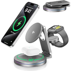 2025 Upgraded Qi2 Foldable Rotatable Zinc Alloy 3 in 1 Magnetic Wireless Charging Station, Compatible with Apple iPhone 12~16,Smartwatch,AirPods.30W Adapter & Case Included(Silver) in Kuwait
