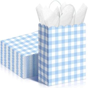 Kolldenn 24 PCS Blue Gingham Party Supplies حقائب الهدايا مع مقابض Kraft Paper Checkered Plaid Treat