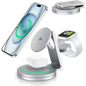 2025 Upgraded Qi2 Foldable Rotatable Zinc Alloy 3 in 1 Magnetic Wireless Charging Station, Compatible with Apple iPhone 12~16,Smartwatch,AirPods.30W Adapter & Case Included(Silver)