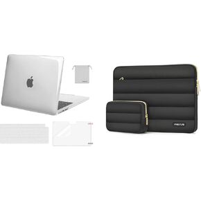 MOSISO Compatible with MacBook Air 13.6 inch Case M2 2022-2024 A2681, Plastic Hard Case&Horizontal Puffy Sleeve Bag with Small Case&Keyboard Cover&Screen Protector&Pouch, Crystal Clear&Black