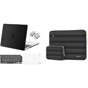 MOSISO Compatible with MacBook Air 13.6 inch Case 2022-2024 A2681 M2, Plastic Hard Case&Horizontal Puffy Sleeve with Small Case&Keyboard Skin&Screen Protector&Type C Adapter 2 Pack, Black