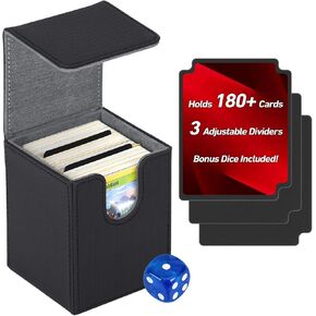 180+ Card Deck Box with Magnetic Closure, PU Leather Commander Deck Box for MTG, YuGiOh, TCG, CCG, Holds 150+ Single Sleeved Cards, Includes 3 Dividers (Grey, 180+)