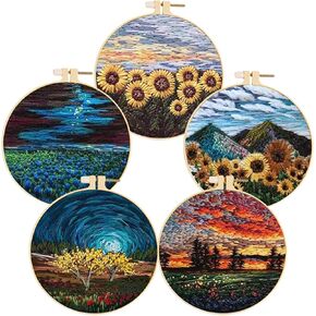 Huacan Complete 3pcs Embroidery Kit with Bamboo Hoop DIY Hand Sewing Set for All Seasons