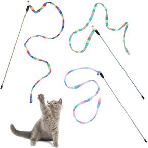 3 PCS Cat Wand Toys, Interactive Cat Rainbow Wand Toy for Indoor Cats and Kittens Extended Colorful Cats String Toys with Bells Teaser Wands String for Kitten Kitty Exercise Keep Fit