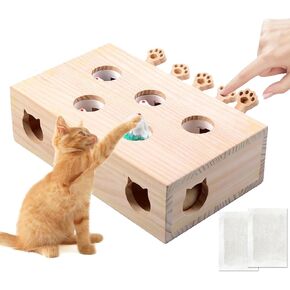 Interactive Wooden Whack-A-Mole Cat Toy with 2PCS Catnip, 3-in-1 Multi Functional Wooden Cat Toy, Engaging and Durable Play for Cats and Kittens, Perfect for Indoor Exercise and Fun