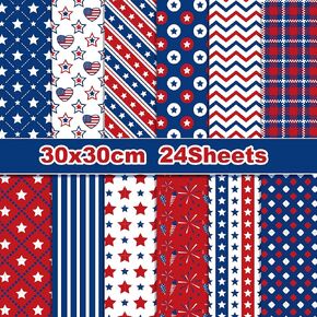 24 Sheets Patriotic Pattern Pad 11.8'' x 11.8'' Patriotic American Flag Scrapbook Paper National Day 4th of July Patterned Double-Sided Cardstock Paper Pack for Card Making Scrapbook Photo Album Decor