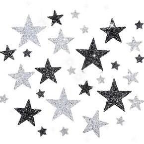 60 PCS Iron On Patches for Clothes, Star Rhinestone Appliques Adhesive Glitter Star Patches Appliques Embellishments Patches for DIY Crafts Hats Clothing Repair Decoration (4 Size, Silver, Black)