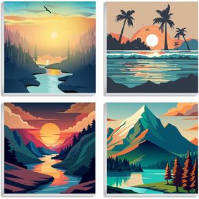 Arpilul 4 Pack Landscape Paint by Numbers Kit للبالغين - بطاقات طلاء قماشية صغيرة سهلة 8 × 8 بوصة مع دهانات أكريليك ، مثالية لديكور فن الجدار المنزلي ، والاسترخاء وهدايا العطلات (Z -YH35)
