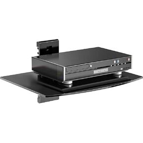 suptek Glass Floating Shelves, TV Wall Mount with Shelf for DVD Player / PS4 / Cable Boxes/Game Consoles/Sky Box/TV Accessories, Media Shelf, Flat Black Wall Mount Bracket, AV Shelf, 2 Tiers Shelves