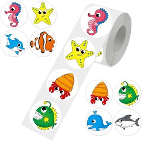 1.5" Large Marine Animal Stickers for Kids Reward 500Pcs Sea Animal Stickers Roll 8 Designs Cute Animal Stickers for Student Planner School Classroom Teacher Supplies
