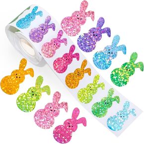Easter Bunny Stickers Roll Glitter Laser Rabbit Shape Seal Stickers 7 Different Candy Colors Waterproof Cute Self-Adhesive Decals for Party Holiday Spring Envelope Journal Decor, 500Pcs