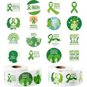 لفائف ملصق التوعية بالصحة العقلية - CNHOQC 1000PCS لفائف ملصق الشريط الأخضر ، 16 تصميمات التوعية بالصحة العقلية الشهر الإيجابي ملصقات ملصقات ذاتية الالتصاق