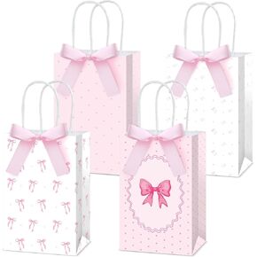 12Pcs Pink Bow Favor Bags with Handle and Pink Bow Knot Paper Gift Bags Coquette Party Favor Bags Candy Goodie Bags for Girls Women Birthday Engagement Baby Bridal Shower Bachelorette Party Supplies
