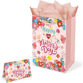 First Mothers Day Gift Bags, 1 Pack, 13 x 10.2 x 4.9 in, with Card and Tissue Paper, 1ST Moms Day Best Mom Ever Paper Bags for Party Favor