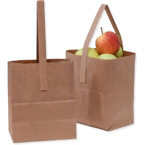 Medium 8 x 6.75 x 4.25 Inch Kraft Paper Bags with Paper Handles - Half Peck Apple/Produce Bag (100)