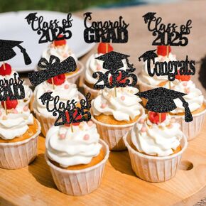 التخرج Cupcake Toppers 2025 فئة زخارف التخرج من 2025 Cupcake تختار التخرج Cupcake Toppers 2025 Cupcake Toppers Toppers Graduation Party 2025 (40pcs Black Glitter)