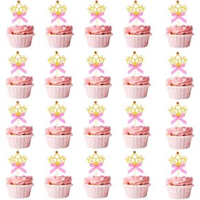 20pcs Gold Crown Cake Topper ، Crown Princess Cupcake Toppers with Pink Bow Princess Cake Topper Decorts for Wedding ، Birthday ، Baby Shower Party