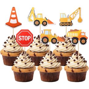 24 PCS Custer Cupcake Toppers ، حفارة إيقاف Sign Sign Truct Truck Truck Architectural Cake Cake Decorations for Britinied Sime Baby Shower Birthday Party Supplies